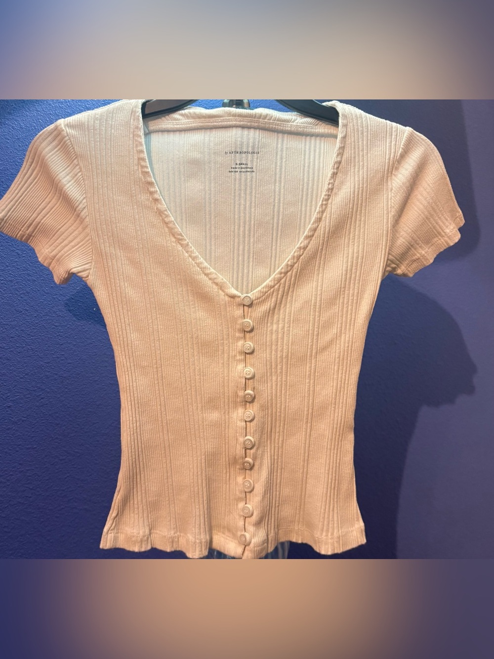 Anthropologie Cream Ribbed Button-Front V-Neck Tee